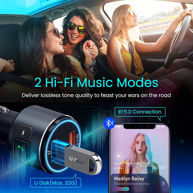 Octeso Upgraded V5.0 FM Bluetooth Transmitter Car, QC3.0 & LED Backlit Wireless Bluetooth FM Radio Adapter Music Player/Car Kit with Hands-Free Calls, Siri Google Assistant