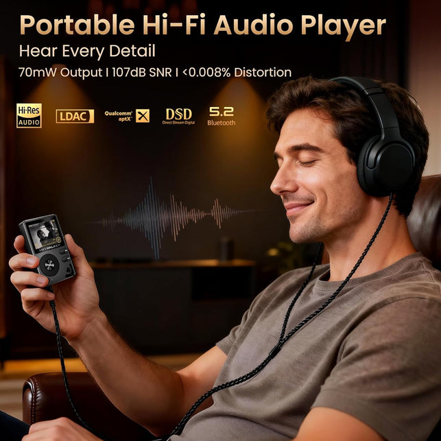 HIFI WALKER H2 Hifi MP3 Player with Bluetooth 5.2, Lossless DSD FLAC Player, Digital Audio Player Hi Res Portable Music DAP Player with 64GB Micro SD Card, Support up to 512GB