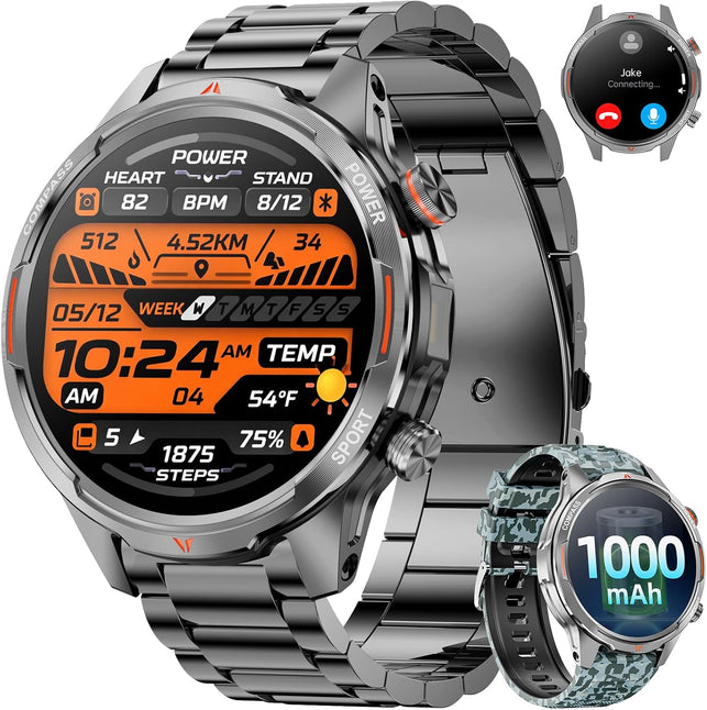 Military Smartwatch for Men, 100-Day Standby, Bluetooth Call with Compass