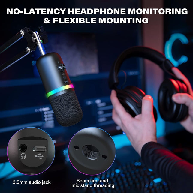 WMT USB Microphone - Condenser Gaming Microphone for Pc/Mac/Ps4/Ps5/Phone- Cardioid Mic with Brilliant RGB Lighting Headphone Output Volume Control, Mute Button, for Streaming Podcast Youtube Discord