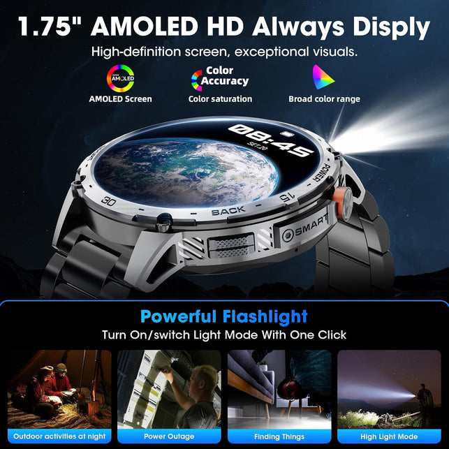 Military Smart Watch for Men 1.75" HD AMOLED Display 730Mah Battery Smart Watches with LED Flashlight for Android Ios（Bluetooth Call Answer/Dial Calls） Fitness Tracker Black Steel Strip