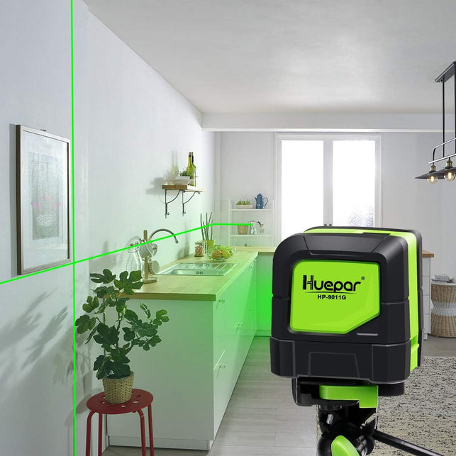 HUEPAR Laser Level Self-Leveling - 100 Feet DIY Bright Green Cross Line Laser Leveler for Picture Hanging, Tile, Decoratio and Construction Indoor Project, 360° Magnetic Base & Battery Included