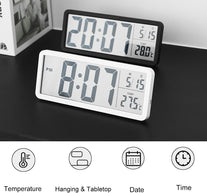 LCD Digital Wall Clock with Silent Temperature Date 12/24 Hour ℃/℉ Switch Desktop Hanging 2 Types of Placement Easy to Use for Bedroom Home Decor Living Room