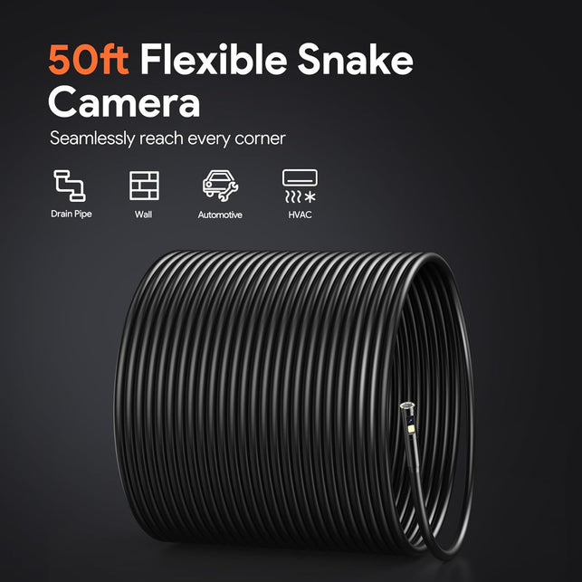 DEPSTECH 50Ft Sewer Camera, 1080P HD Triple Lens Borescope, 5" IPS Screen Endoscope with Light, IP67 Waterproof Plumbing Drain Pipe Snake Inspection Camera with 32G Card, Carry Case