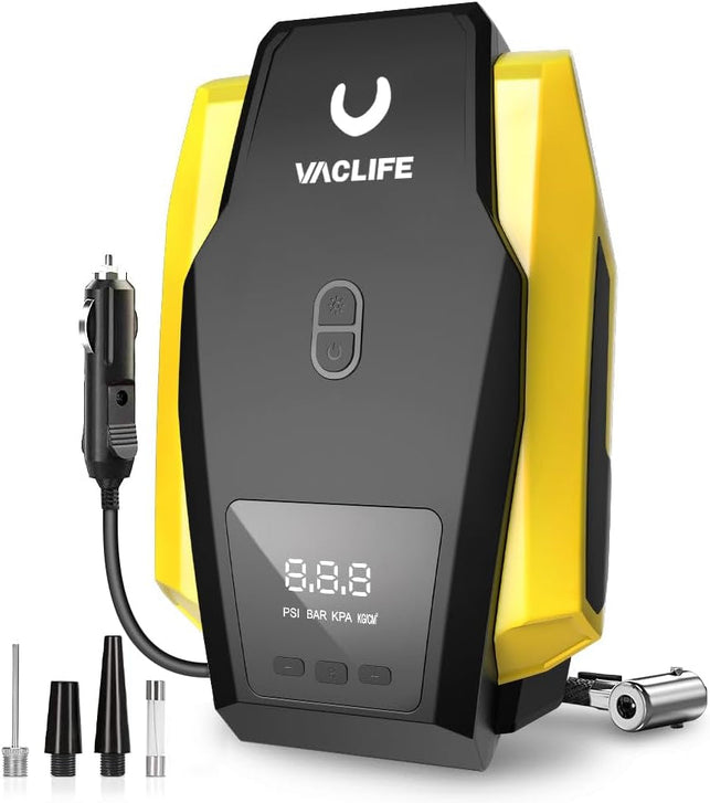 Vaclife Tire Inflator Portable Air Compressor - Air Pump for Car Tires, 12V DC 100PSI Tire Pump for Bikes with LED Light, Digital Pressure Gauge, Car Accessories, Yellow (VL701)