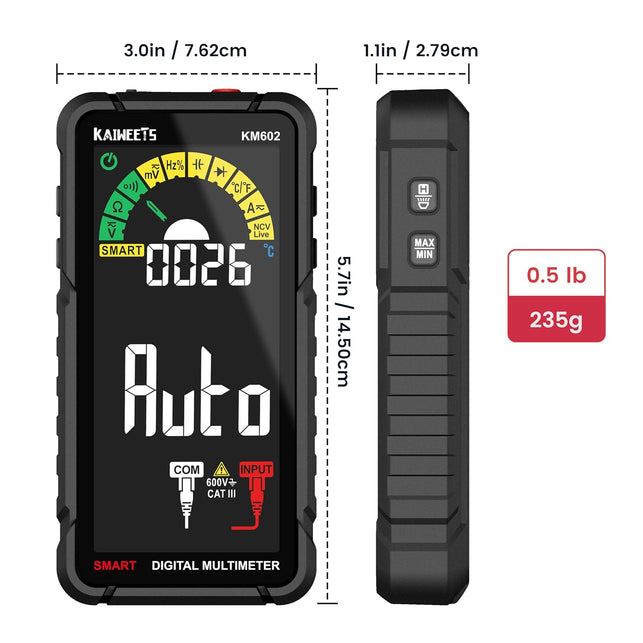 KAIWEETS Smart Multimeter Rechargeable Electrical Tester with Auto Ranging Digital Voltmeter Measures Voltage Current Resistance Continuity Capacitance Temperature Frequency NCV 6000 Counts TRMS