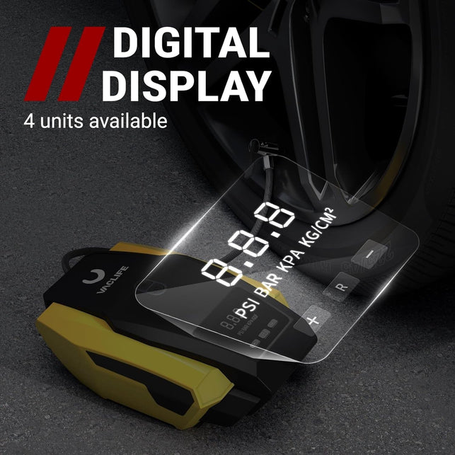 Vaclife Tire Inflator Portable Air Compressor - Air Pump for Car Tires, 12V DC 100PSI Tire Pump for Bikes with LED Light, Digital Pressure Gauge, Car Accessories, Yellow (VL701)