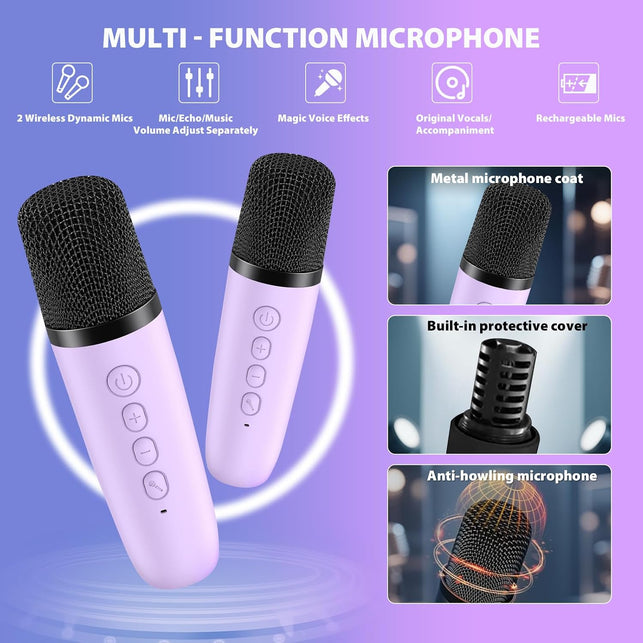 Mini Karaoke Machine for Kids Adults, Portable Bluetooth Speaker with 2 Wireless Microphones, Microphone and Speaker Set with Disco Light for Home Party Christmas Birthday Purple