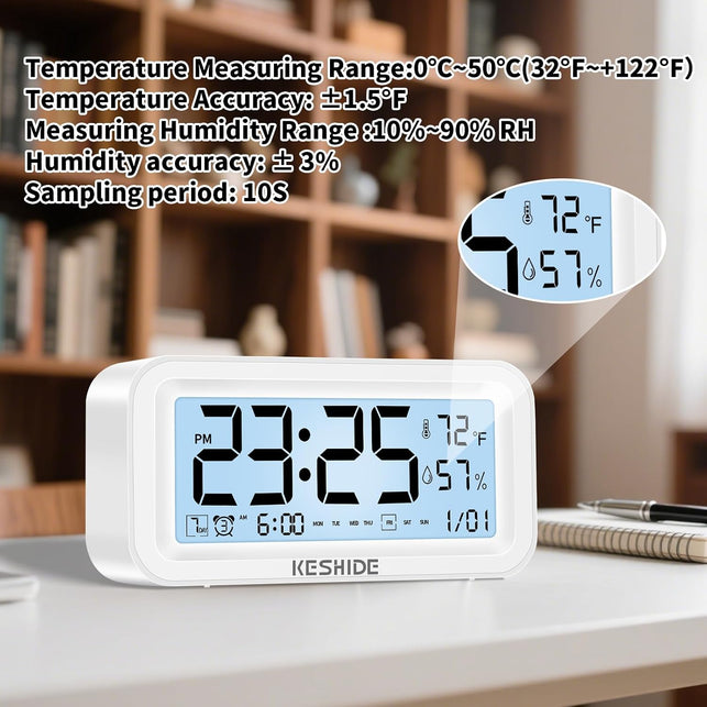 Night Light Digital Alarm Clock Battery Operated with Indoor Temperature Humidity, Desk Small Clock,Snooze Model,12/24H Display for Bedrooms Heavy Sleepers Kids Travel Bathroom (White)