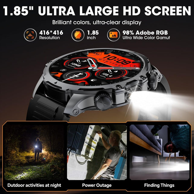 Military Smart Watch for Men, 1.85'' HD Large Screen Smartwatch, Flashlight/5Atm Waterproof/800Mah/100+ Sports Fitness Tracker Watch, Pedometer Mens Smart for Android Iphone Compatible AK75 Silver
