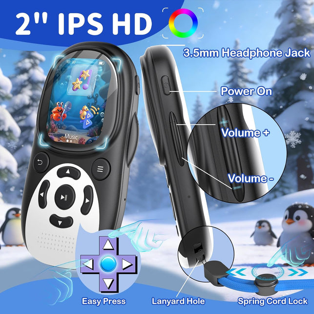 64GB Kids MP3 Player with Bluetooth 5.3, Cute Penguin, Speaker