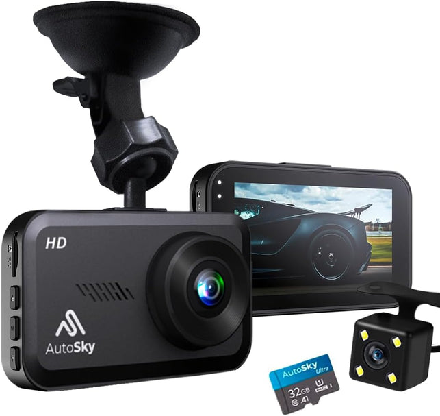 Autosky Dash Cam Front and Rear - Dash Camera for Cars Mini Dash Cam Full HD with 32GB Memory Card, 3 Inch IPS Screen, Accident Lock, Loop Recording, Parking Monitor, Motion Detection