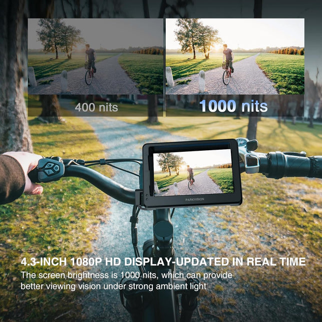 PARKVISION Handlebar Bike Mirror, Bicycle Rear View Camera with Anti-Glare Sunshade, 4.3'' HD 1080P Monitor, 120°/100°/80°/60° Wide Angle View, 10000Mah Battery, Bike Camera for Mountain