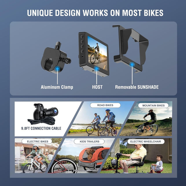 PARKVISION Handlebar Bike Mirror, Bicycle Rear View Camera with Anti-Glare Sunshade, 4.3'' HD 1080P Monitor, 8000Mah Battery, 120° Wide Angle View, Bike Camera for Mountain,Ebike,Road Bike