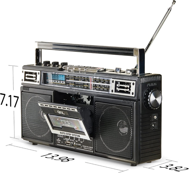 QFX J-220BT Boombox MP3 Conversion from Radio to Cassette with 4-Band (AM, FM, SW1, SW2) Radio with Bluetooth, Rechargeable Battery, Dual 3” Speakers, Built-In Microphone, Recorder, 3-Band Equalizer