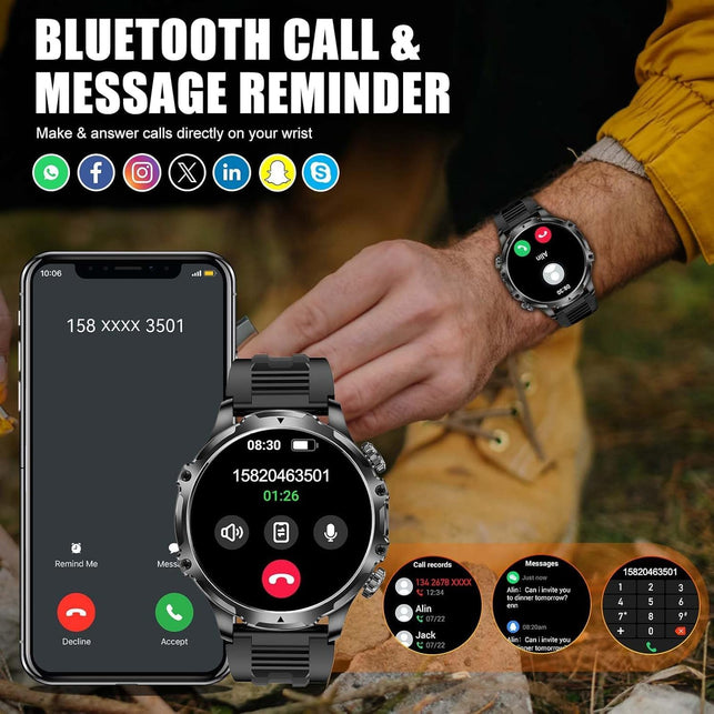 Military Smart Watch for Men, 1.85'' HD Large Screen Smartwatch, Flashlight/5Atm Waterproof/800Mah/100+ Sports Fitness Tracker Watch, Pedometer Mens Smart for Android Iphone Compatible AK75 Silver