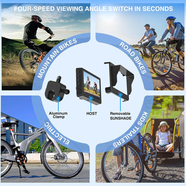 PARKVISION Handlebar Bike Mirror, Bicycle Rear View Camera with Anti-Glare Sunshade, 4.3'' HD 1080P Monitor, 120°/100°/80°/60° Wide Angle View, 10000Mah Battery, Bike Camera for Mountain