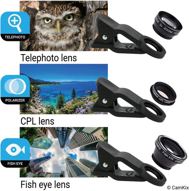 CamKix Deluxe Universal 5in1 Camera Lens Kit for Smartphone, Tablet and Laptop - Fish Eye, 2in1 Macro and Wide Angle, CPL and 2X Tele Lens, Universal