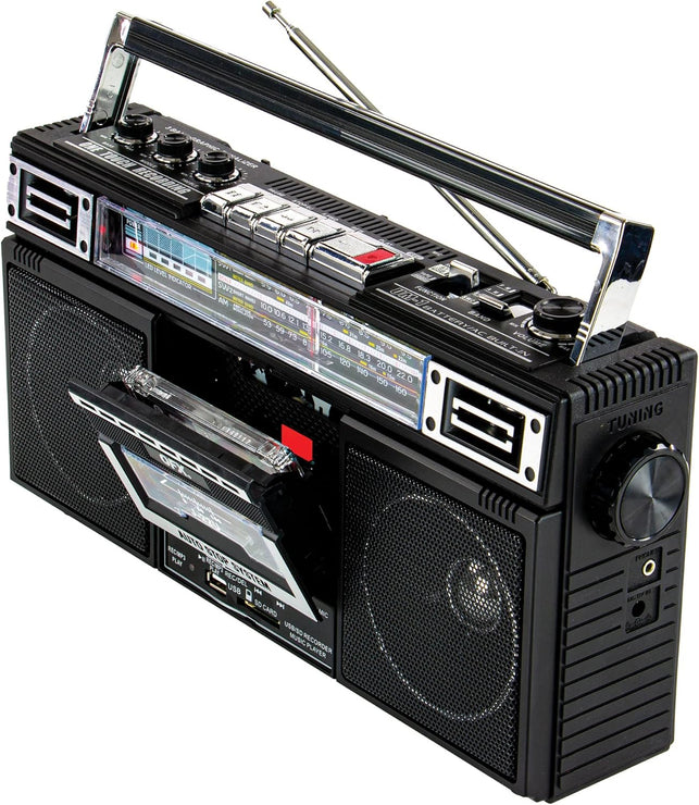 QFX J-220BT Boombox MP3 Conversion from Radio to Cassette with 4-Band (AM, FM, SW1, SW2) Radio with Bluetooth, Rechargeable Battery, Dual 3” Speakers, Built-In Microphone, Recorder, 3-Band Equalizer