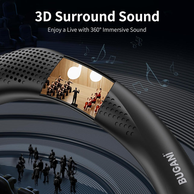 BUGANI Neckband Bluetooth Speaker, Wireless Neck Speaker True 3D Stereo Sound, Lightweight Personal Body Speakers with 24H Playtime, Waterproof Shoulder Speaker Built-In Mic, Comfortable Design, Black