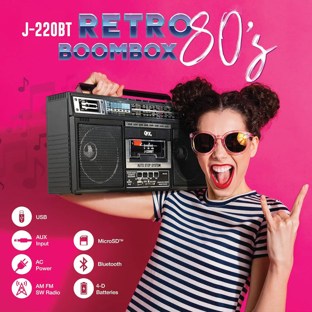 QFX J-220BT Boombox MP3 Conversion from Radio to Cassette with 4-Band (AM, FM, SW1, SW2) Radio with Bluetooth, Rechargeable Battery, Dual 3” Speakers, Built-In Microphone, Recorder, 3-Band Equalizer
