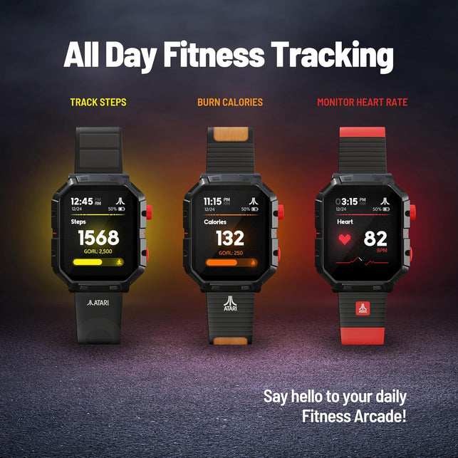 Atari 2600, Retro Gaming Smart Watch with Selective Tech, All Day Fitness Tracker, Built-In Centipede™, Pong™, Missile Command™, Super Breakout™, IP68 Water Resistant