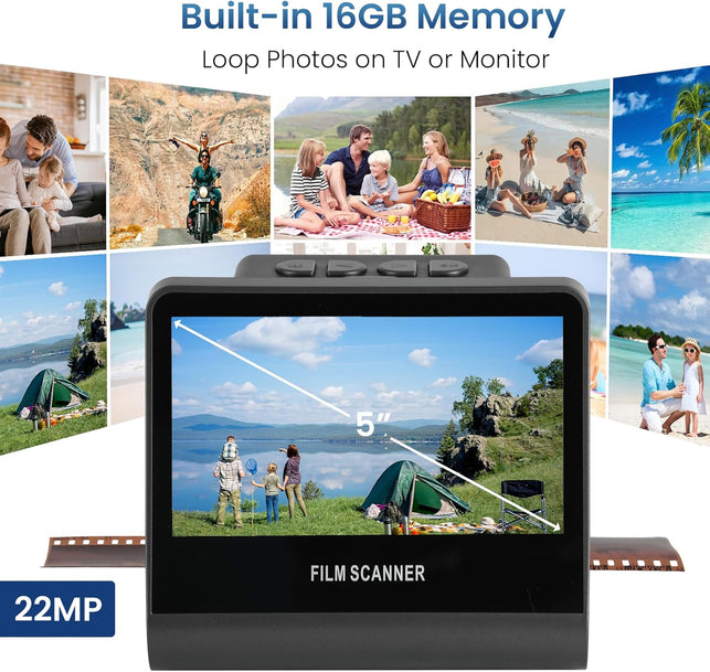 22MP Film and Slide Scanner with 5” LCD Screen, Convert Negatives & Slides 35Mm, 126, 110 Film to High Resolution JPEG Digital Photos (Large)