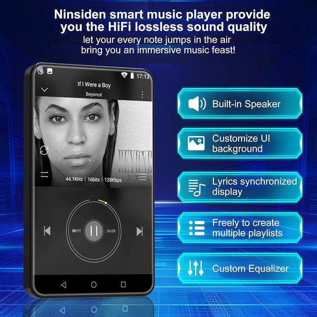 144GB Portable MP3 Player with Bluetooth and Wifi, Ninsiden 4" HD Full-Color Touch Screen MP3 Music Player with Spotify,Amazon Music,Pandora,Youtube,Android Mainstrem Media MP4 Player for Kids,Black