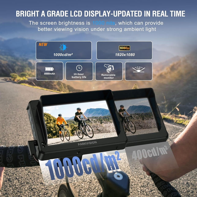 PARKVISION Handlebar Bike Mirror, Bicycle Rear View Camera with Anti-Glare Sunshade, 4.3'' HD 1080P Monitor, 8000Mah Battery, 120° Wide Angle View, Bike Camera for Mountain,Ebike,Road Bike