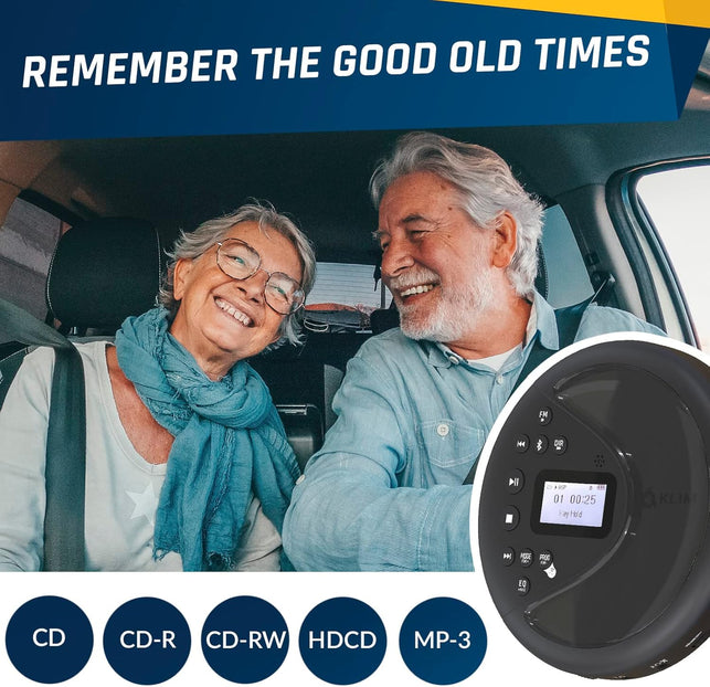 KLIM Discover - Portable CD Player with Long-Lasting Battery - New - with Headphones - Radio FM - Compatible MP3 CD Player Portable - SD Card, FM Transmitter, Bluetooth - Ideal for Cars