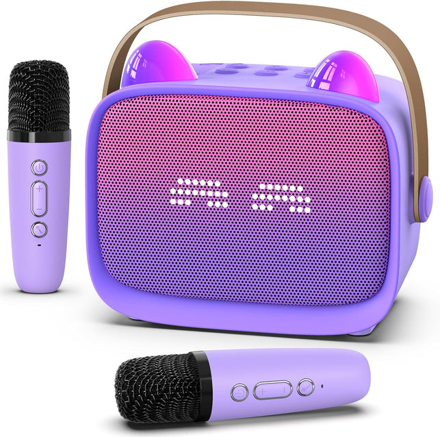 Mini Karaoke Machine Toys Gifts,Kids Portable MP3 Player with 2 Wireless Microphone and Led,Christmas Birthday Gifts for Girls Boys 3 4 5 6 7 8+ Year Old (Purple)