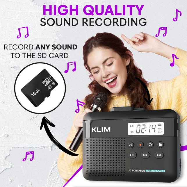 KLIM K7 Cassette Tape Player + Cassette to MP3 Converter + Portable Cassette Player + Walkman Cassette Player + Built-In Microphone & Speaker + Rechargeable Battery + Earphones + 16GB SD Card