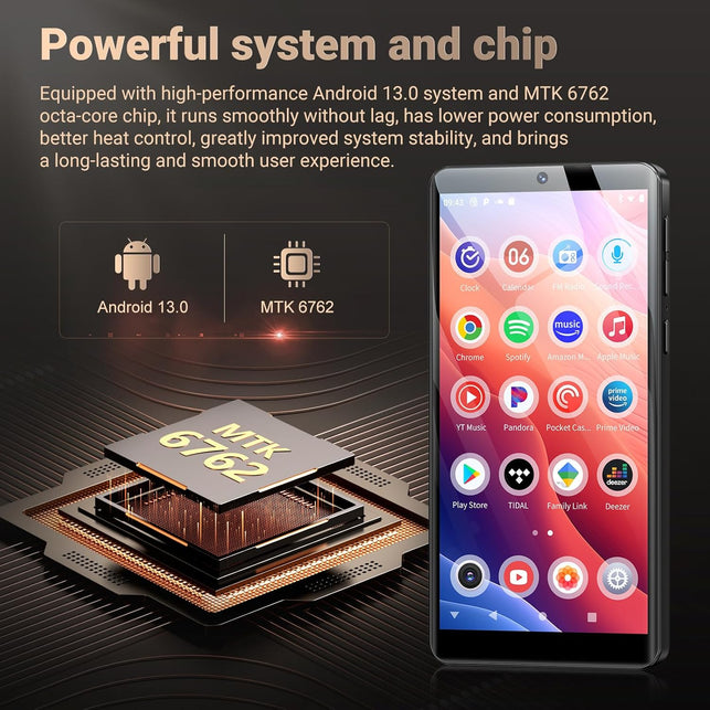 128GB MP3 Player with Bluetooth and Wifi, Android 13.0, 5.5" HD Touchscreen, 13MP Camera, Preloaded Spotify, Pandora, 1TB Expandable & Parental Controls Black