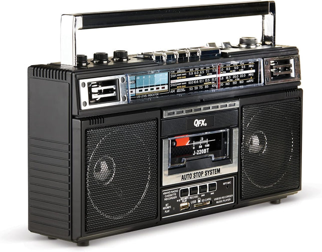 QFX J-220BT Boombox MP3 Conversion from Radio to Cassette with 4-Band (AM, FM, SW1, SW2) Radio with Bluetooth, Rechargeable Battery, Dual 3” Speakers, Built-In Microphone, Recorder, 3-Band Equalizer