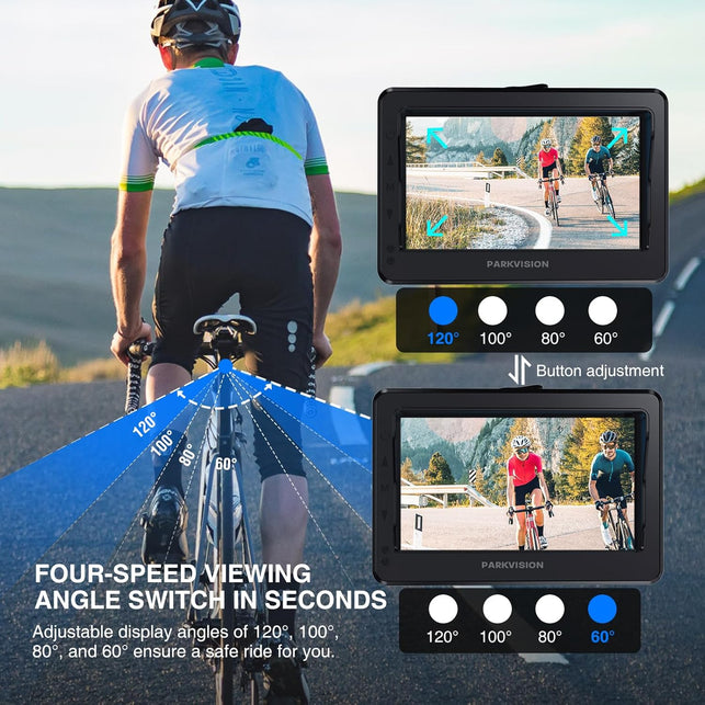 PARKVISION Handlebar Bike Mirror, Bicycle Rear View Camera with Anti-Glare Sunshade, 4.3'' HD 1080P Monitor, 120°/100°/80°/60° Wide Angle View, 10000Mah Battery, Bike Camera for Mountain