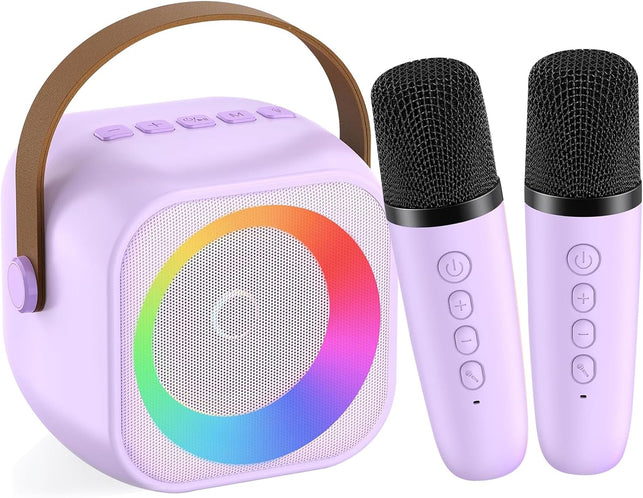 Mini Karaoke Machine for Kids Adults, Portable Bluetooth Speaker with 2 Wireless Microphones, Microphone and Speaker Set with Disco Light for Home Party Christmas Birthday Purple