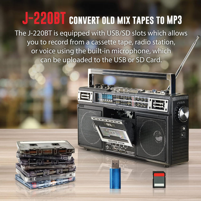 QFX J-220BT Boombox MP3 Conversion from Radio to Cassette with 4-Band (AM, FM, SW1, SW2) Radio with Bluetooth, Rechargeable Battery, Dual 3” Speakers, Built-In Microphone, Recorder, 3-Band Equalizer