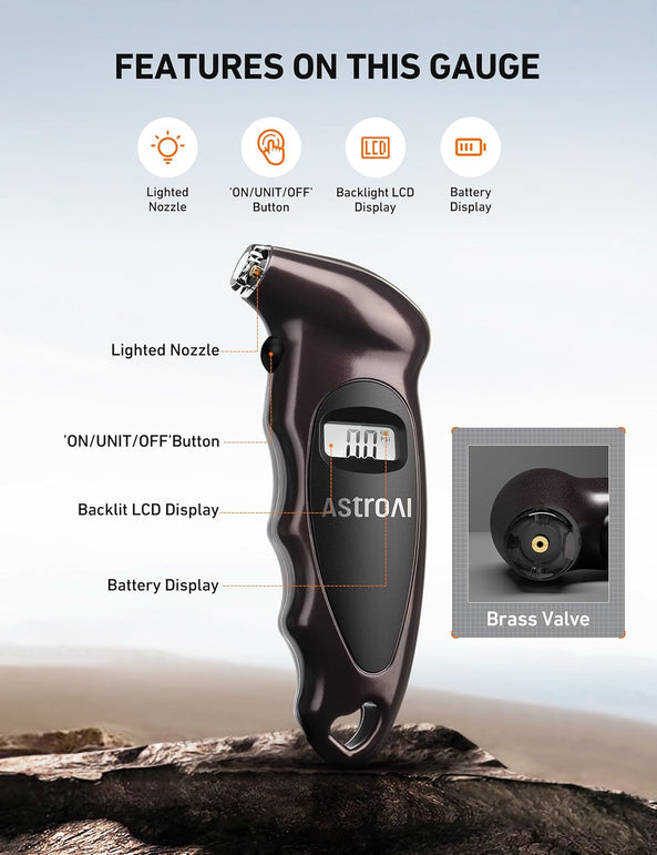 Astroai Digital Tire Pressure Gauge with Replaceable AAA Battery, 150 PSI 4 Settings Stocking Stuffers for Car Truck Bicycle Backlit LCD Non-Slip Grip Car Accessories, Brown