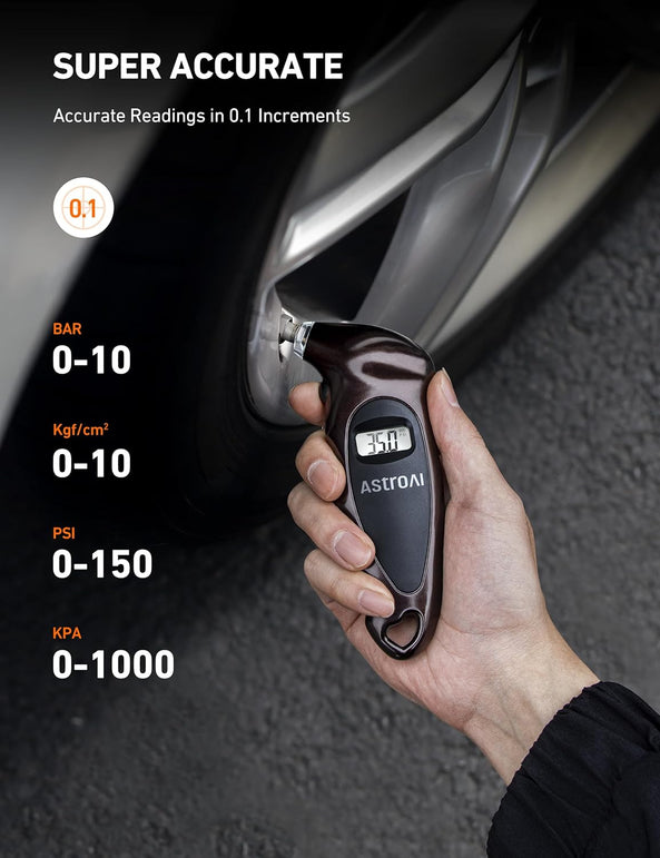 Astroai Digital Tire Pressure Gauge with Replaceable AAA Battery, 150 PSI 4 Settings Stocking Stuffers for Car Truck Bicycle Backlit LCD Non-Slip Grip Car Accessories, Brown