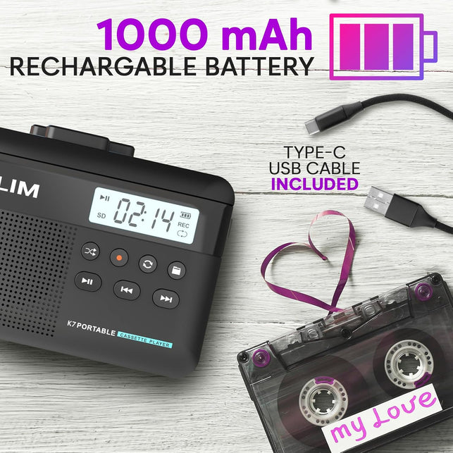 KLIM K7 Cassette Tape Player + Cassette to MP3 Converter + Portable Cassette Player + Walkman Cassette Player + Built-In Microphone & Speaker + Rechargeable Battery + Earphones + 16GB SD Card