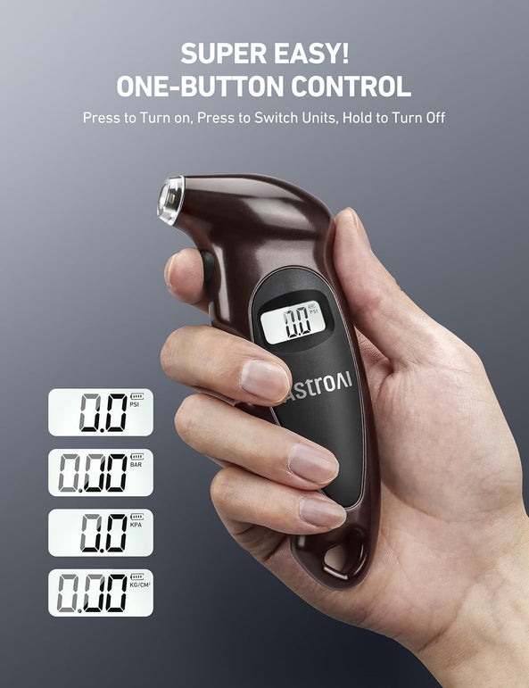 Astroai Digital Tire Pressure Gauge with Replaceable AAA Battery, 150 PSI 4 Settings Stocking Stuffers for Car Truck Bicycle Backlit LCD Non-Slip Grip Car Accessories, Brown