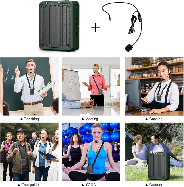 SHIDU Wireless Voice Amplifier for Teachers with Bluetooth Headset Microphone Portable PA System for Tour Guides Coaches Yoga Fitness Instructors (Green)