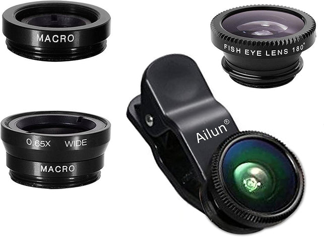 Ailun iPhone Lens,3 in 1 Clip On 180 Degree Fish Eye Lens+0.65X Wide Angle+10X Macro Lens,Universal HD Camera Lens Kit for iPhone 7/6s/6s Plus/6/SE/5/