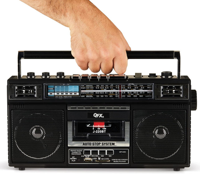 QFX J-220BT Boombox MP3 Conversion from Radio to Cassette with 4-Band (AM, FM, SW1, SW2) Radio with Bluetooth, Rechargeable Battery, Dual 3” Speakers, Built-In Microphone, Recorder, 3-Band Equalizer