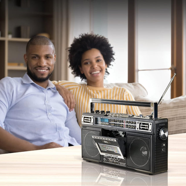 QFX J-220BT Boombox MP3 Conversion from Radio to Cassette with 4-Band (AM, FM, SW1, SW2) Radio with Bluetooth, Rechargeable Battery, Dual 3” Speakers, Built-In Microphone, Recorder, 3-Band Equalizer