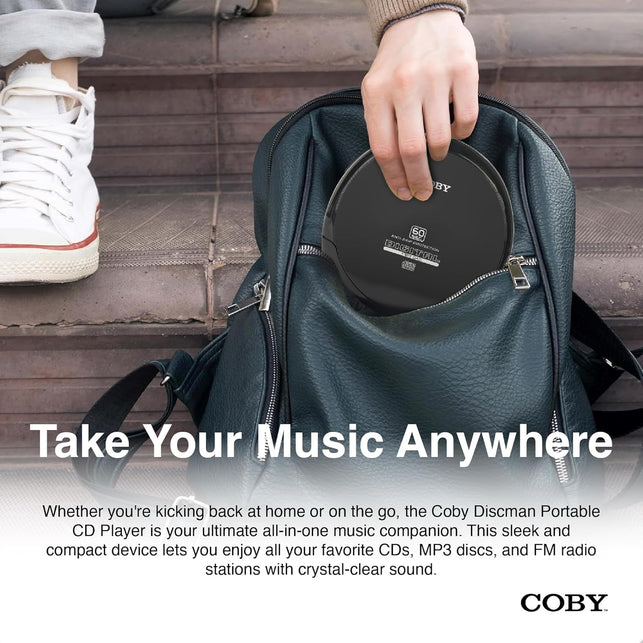 Coby Portable CD Player with Headphones, FM Radio and MP3 Compatible, LCD Display, 60-Second Anti-Skip Protection, Shockproof Design for Easy Travel, Includes Micro USB Cable for Charging