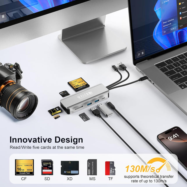 8In1 SD Card Reader,Aluminum Multi Memory Card Carrying Box SD/TF/CF/MS/XD/USB3.0 * 2 Port Card Reader Adapter for Phone/Pad/Pc/Laptop/Usb C and USB a Devices,No Application Required Plug and Play