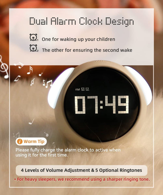 Mikodream Kids Alarm Clock, Dual Alarm Setting, Adjustable Brightness Night Light, Voice-Activated,Temperature Detection, Wake-Up Alarm Clock, Toy and Gift for Toddler, Children, Students, Boys&Girls