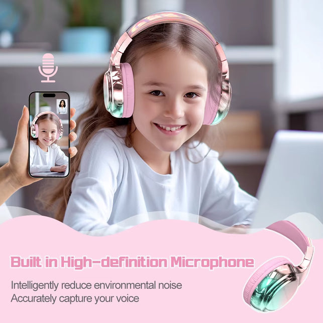 QearFun Glossy Gradient Pink Bluetooth5.3 Headphone for Girl Wireless Headphone with Mic over Ear Headset for Girlfriend Christmas Gift