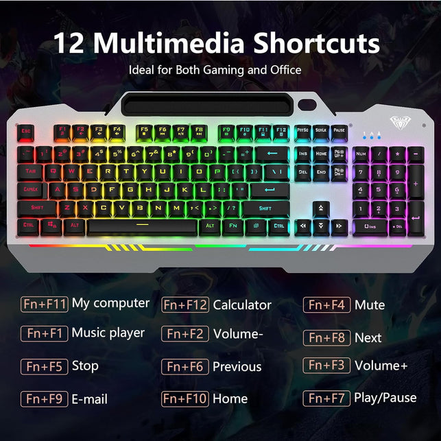 AULA Gaming Keyboard, 104 Keys Gaming Keyboard and Mouse Combo with Rainbow Backlit Quiet Computer Keyboard, All-Metal Panel, Waterproof Light up PC Keyboard, USB Wired Keyboard for MAC Xbox PC Gamers